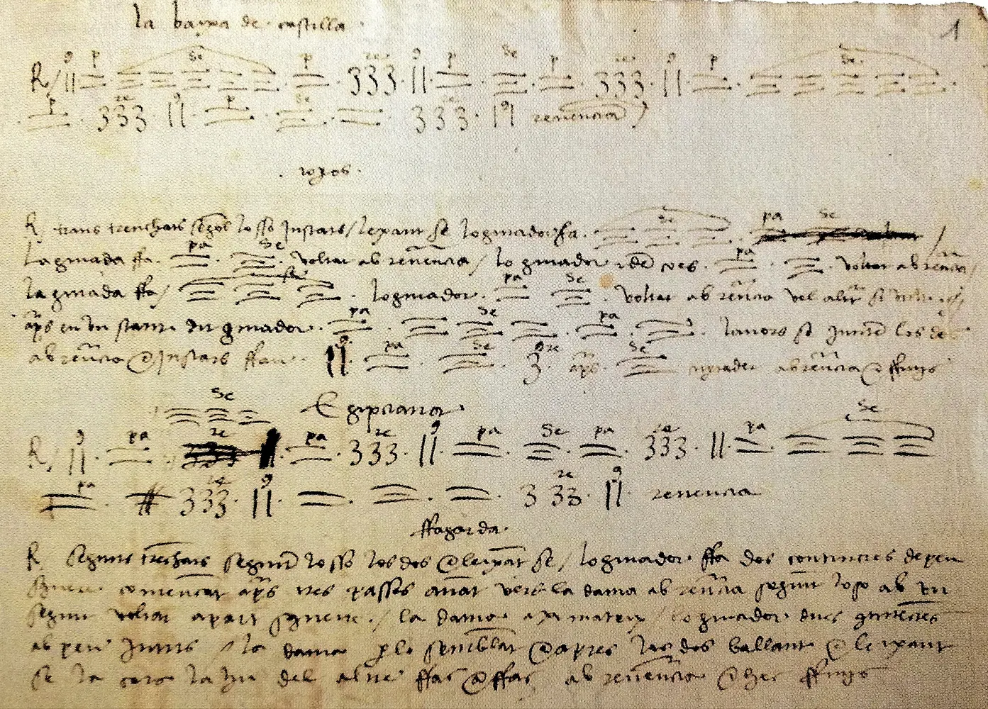 Spätmittelalterliches Tanzmanuskript von Cervera um 1496 mit abstrakten Zeichen und handschriftlichen Notizen zur Baixa Dansa