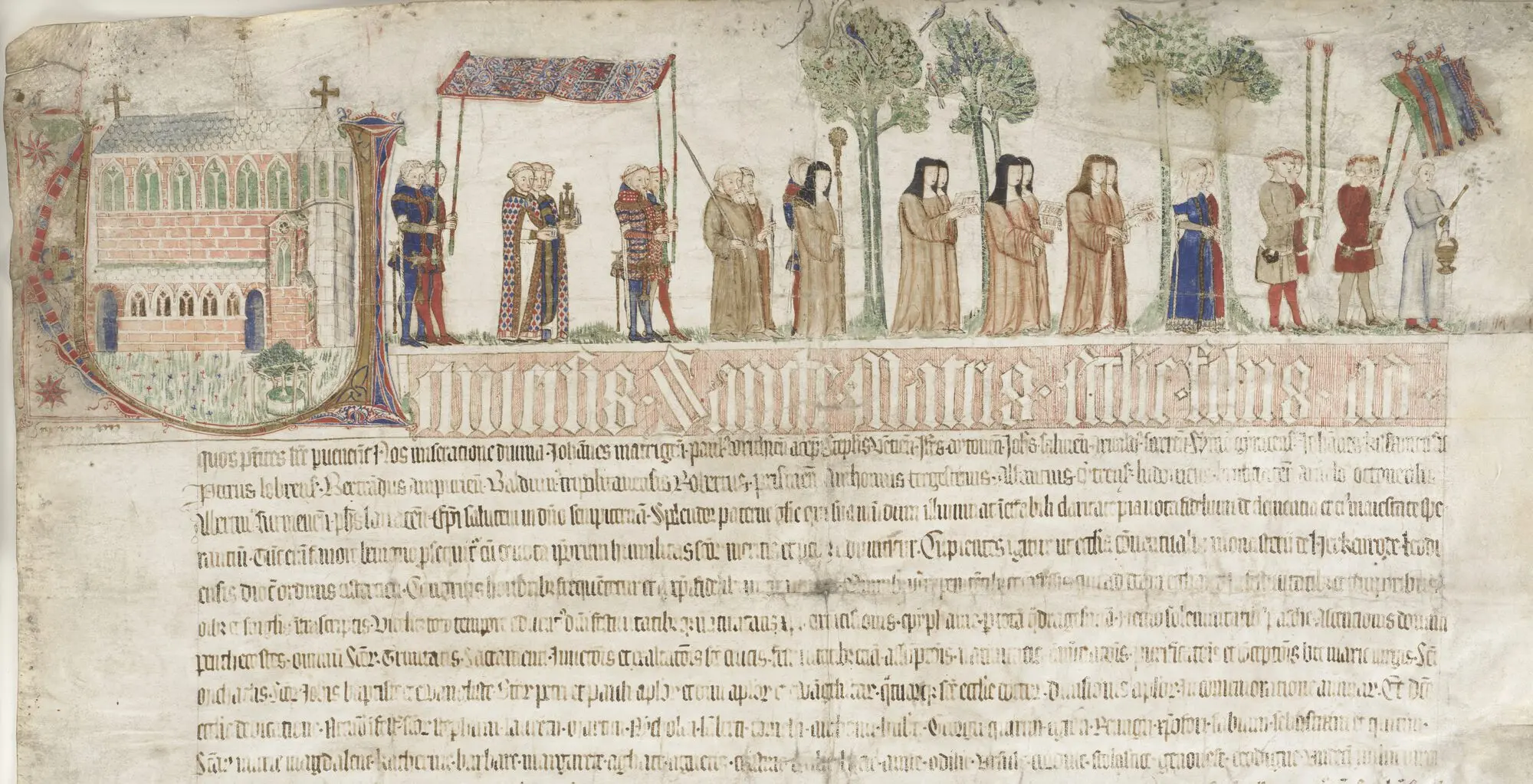Illuminierte Ablassurkunde von Herkenrode aus dem Jahr 1363 mit dargestellter Sakramentsprozession über dem lateinischen Urkundentext