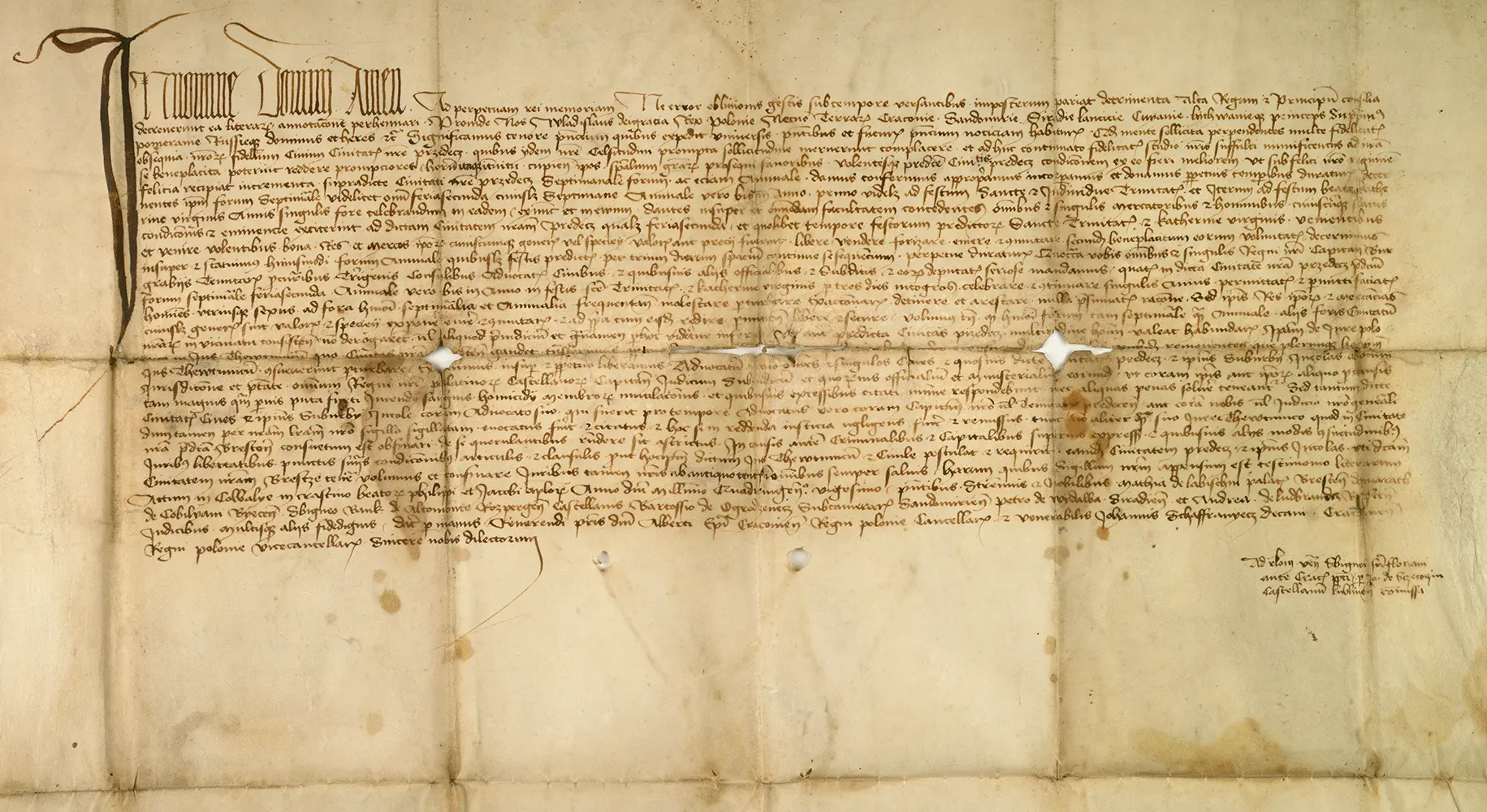 Großformatige Pergamenturkunde König Władysław Jagiełłos von 1420 über Märkte und Jahrmärkte in Przedecz