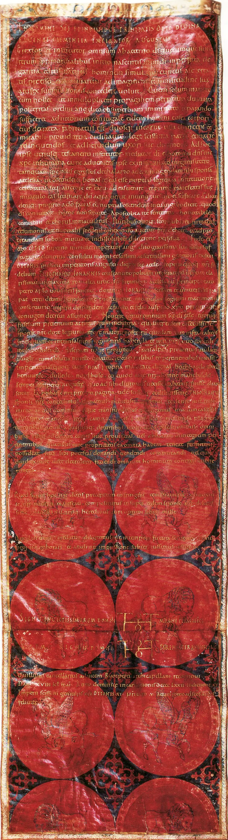 Prachtvolle Dotalurkunde Ottos II. für Theophanu von 972 mit Goldschrift, Purpurflächen und ornamentaler Gestaltung