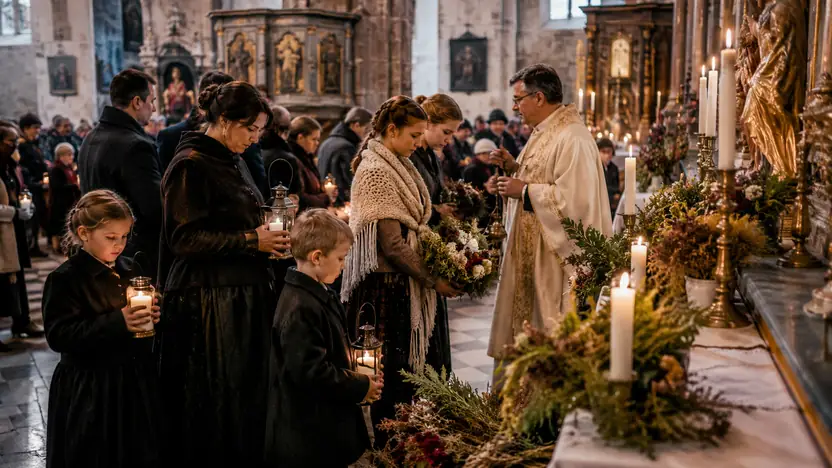 Menschen in einer historisch informierten Darstellung zum Thema „Allerheiligen: Geschichte des Festes und seiner Termine“