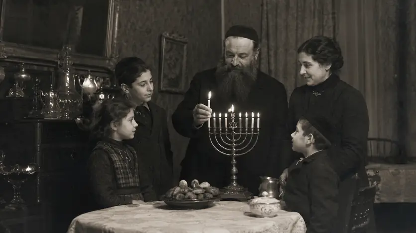 Menschen in einer historisch informierten Darstellung zum Thema „Chanukka: Geschichte des Lichterfestes“