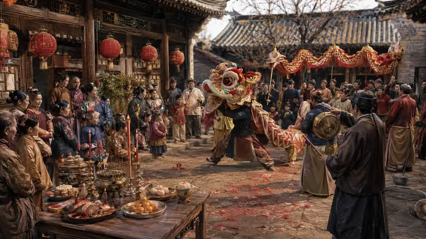 Familien feiern das chinesische Neujahr mit rotem Schmuck, Festmahl, Löwentanz und leuchtenden Laternen