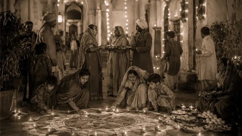 Menschen in einer historisch informierten Darstellung zum Thema „Diwali: Geschichte des indischen Lichterfestes“