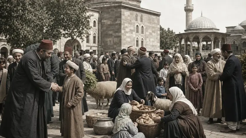 Menschen in einer historisch informierten Darstellung zum Thema „Eid al-Adha: Ursprung und Entwicklung des Opferfestes“