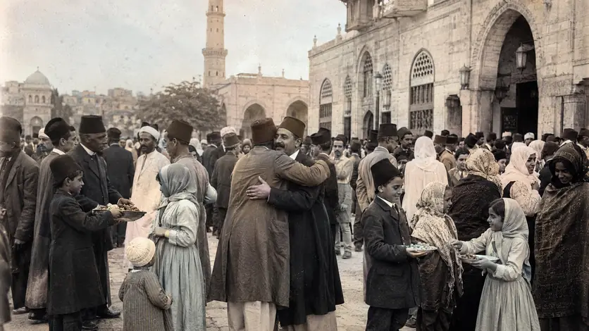 Menschen in einer historisch informierten Darstellung zum Thema „Eid al-Fitr: Geschichte des Festes am Ende des Ramadan“