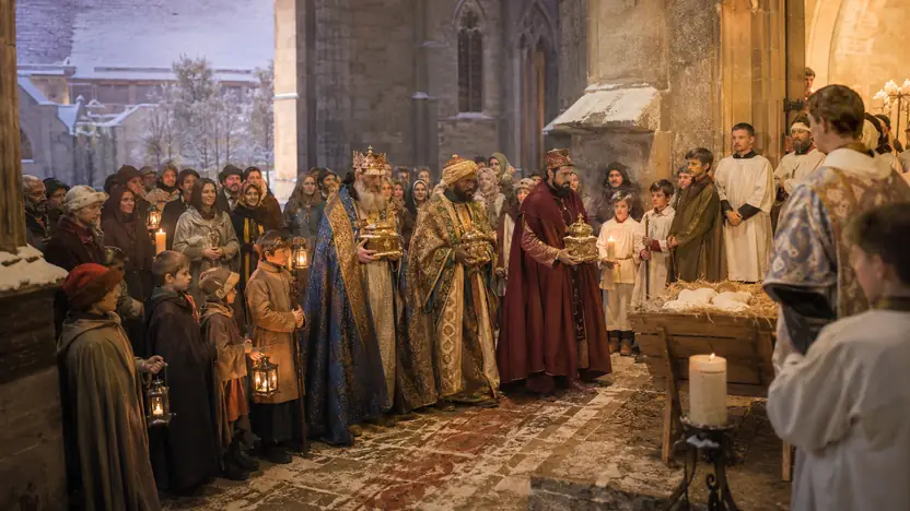 Sternsinger in historischen Gewändern ziehen am Dreikönigstag durch eine europäische Altstadt