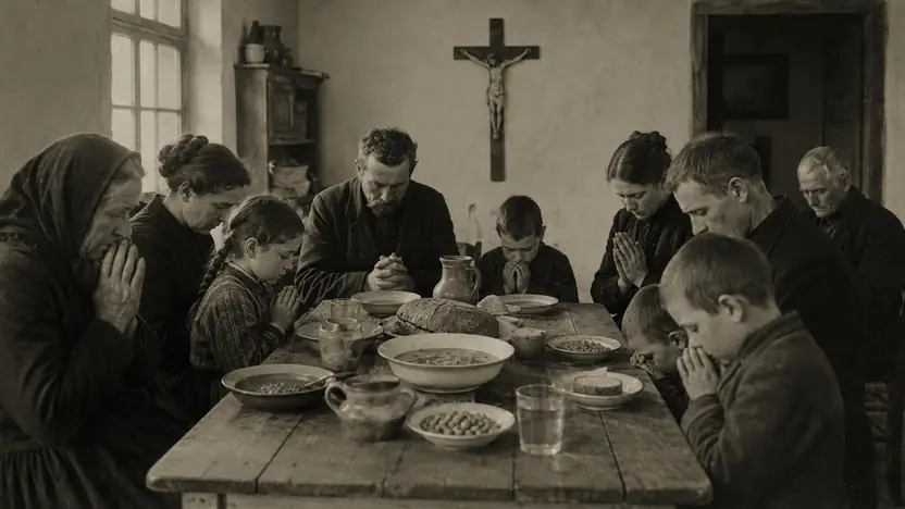 Menschen verschiedener Generationen teilen in einem historisch gestalteten europäischen Raum eine schlichte Fastenmahlzeit mit Brot, Suppe und Kerzen