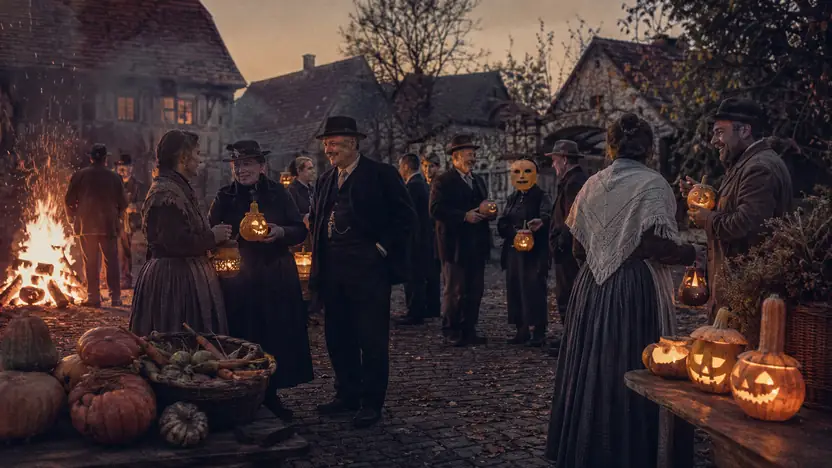 Menschen in einer historisch informierten Darstellung zum Thema „Halloween: von älteren Bräuchen zum globalen Fest“
