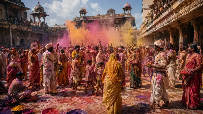 Menschen in einer historisch informierten Darstellung zum Thema „Holi: Geschichte des Farbenfestes“