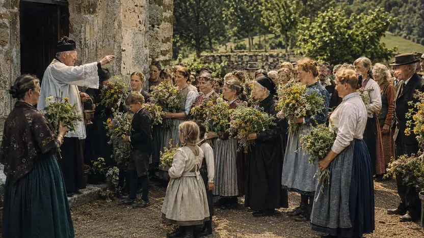 Menschen in einer historisch informierten Darstellung zum Thema „Mariä Himmelfahrt und die europäischen Traditionen der Kräuterweihe“
