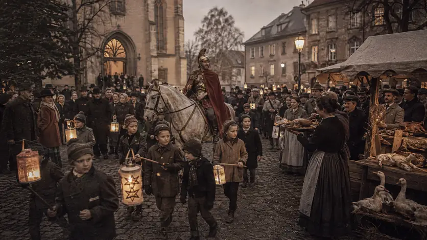 Menschen in einer historisch informierten Darstellung zum Thema „Martinstag: vom Heiligenkult zu Laternen und Martinsgans“