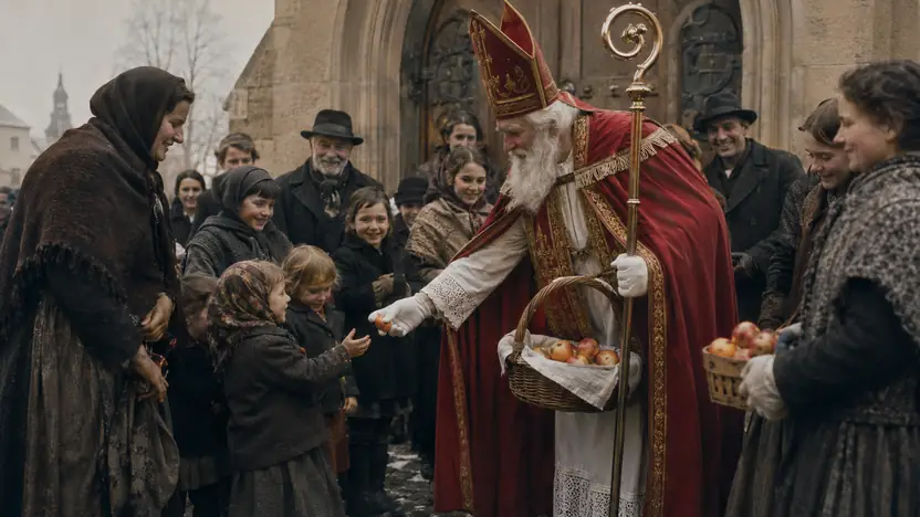 Historische Nikolausfigur besucht Kinder in einem europäischen Haus und verteilt kleine Gaben