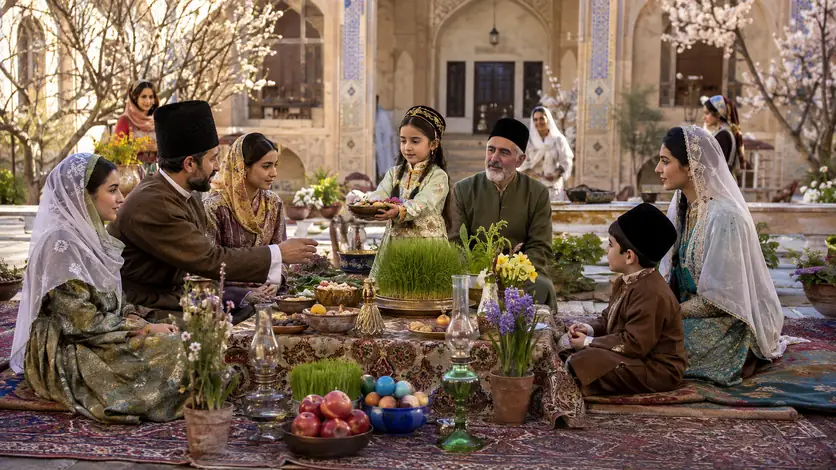 Mehrere Generationen feiern Nowruz an einer festlichen Haft-Sin-Tafel mit Frühlingsblumen, Sprossen, Spiegel und bemalten Eiern