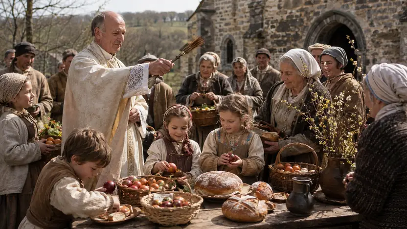 Menschen in einer historisch informierten Darstellung zum Thema „Geschichte von Ostern: von den frühen Feiern zu heutigen Traditionen“