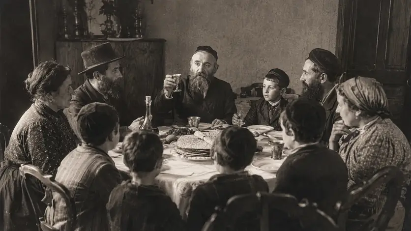 Jüdische Familie sitzt bei einem historisch gestalteten Sederabend an einer festlich gedeckten Tafel