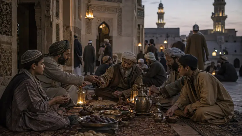 Mehrere Generationen teilen nach Sonnenuntergang ein Ramadan-Iftar mit Datteln, Suppe, Brot und leuchtenden Laternen