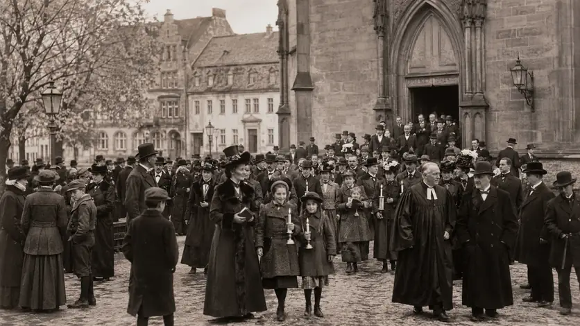 Menschen in einer historisch informierten Darstellung zum Thema „Reformationstag: Geschichte der Feiern in Europa“