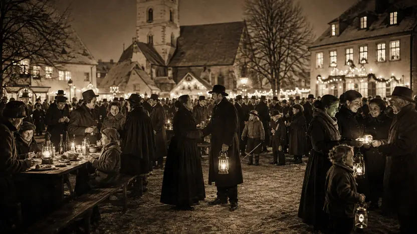 Menschen in einer historisch informierten Darstellung zum Thema „Silvester: Geschichte der letzten Nacht des Jahres“