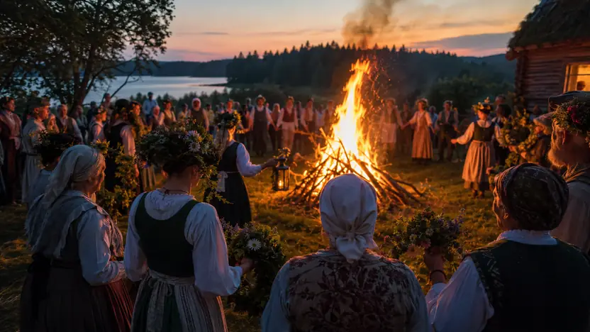 Menschen in einer historisch informierten Darstellung zum Thema „Sommersonnenwende und Johannisnacht in Europa“