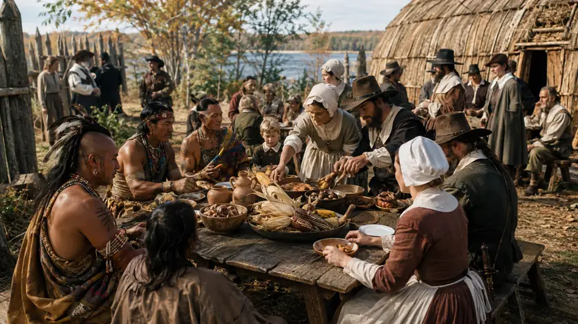 Menschen in einer historisch informierten Darstellung zum Thema „Thanksgiving: Geschichte, Mythen und Veränderungen“