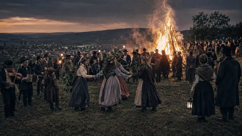 Menschen in einer historisch informierten Darstellung zum Thema „Walpurgisnacht: Geschichte eines europäischen Frühlings- und Hexenfestes“