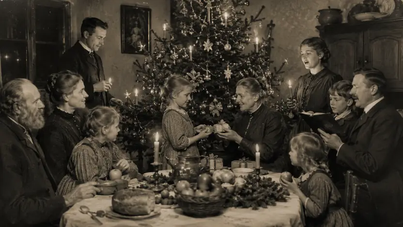 Menschen in einer historisch informierten Darstellung zum Thema „Geschichte von Weihnachten: Entstehung und Wandel durch die Jahrhunderte“