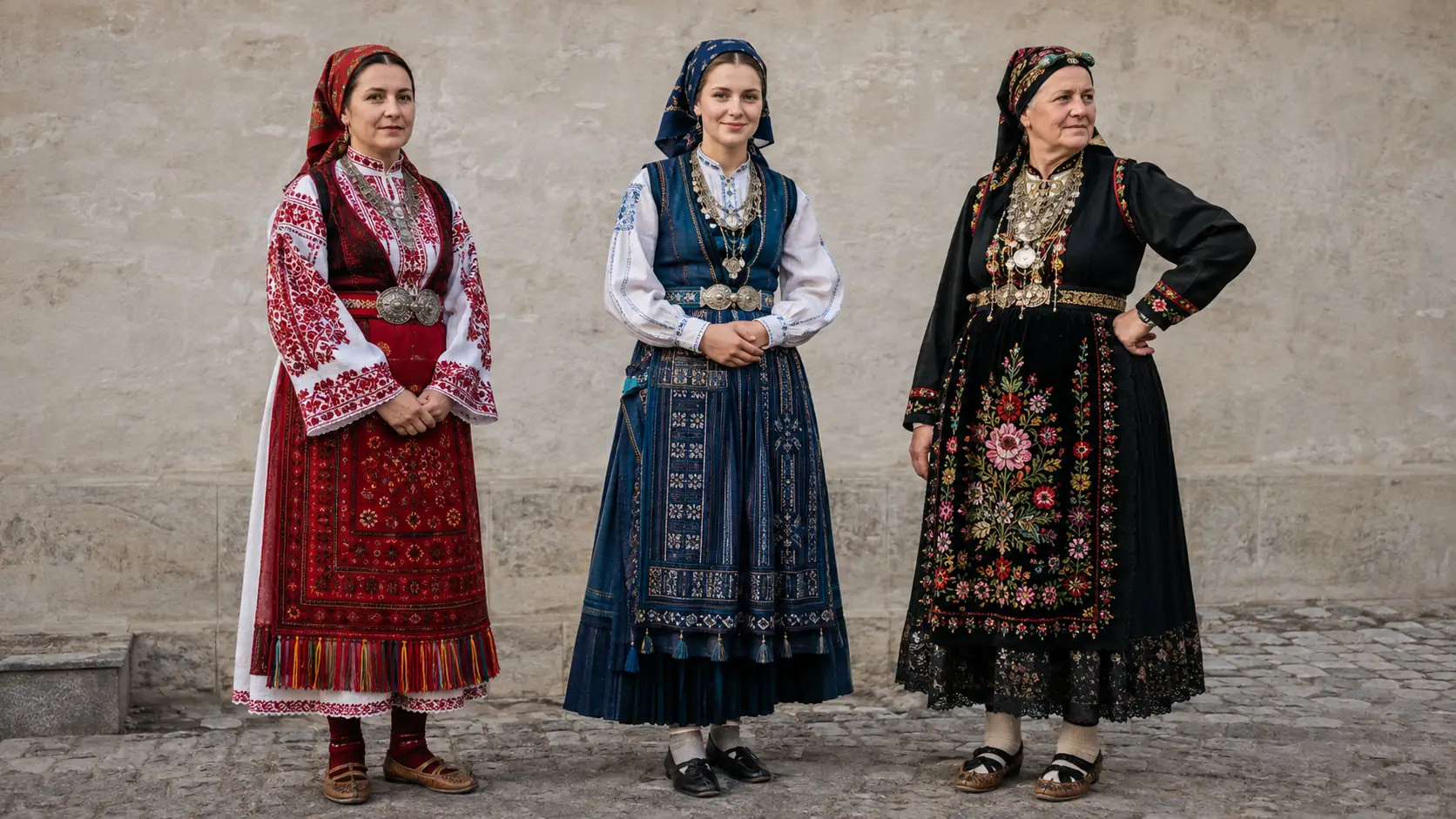Traditionelle Festkleidung mit roten, blauen und schwarzen Textilelementen