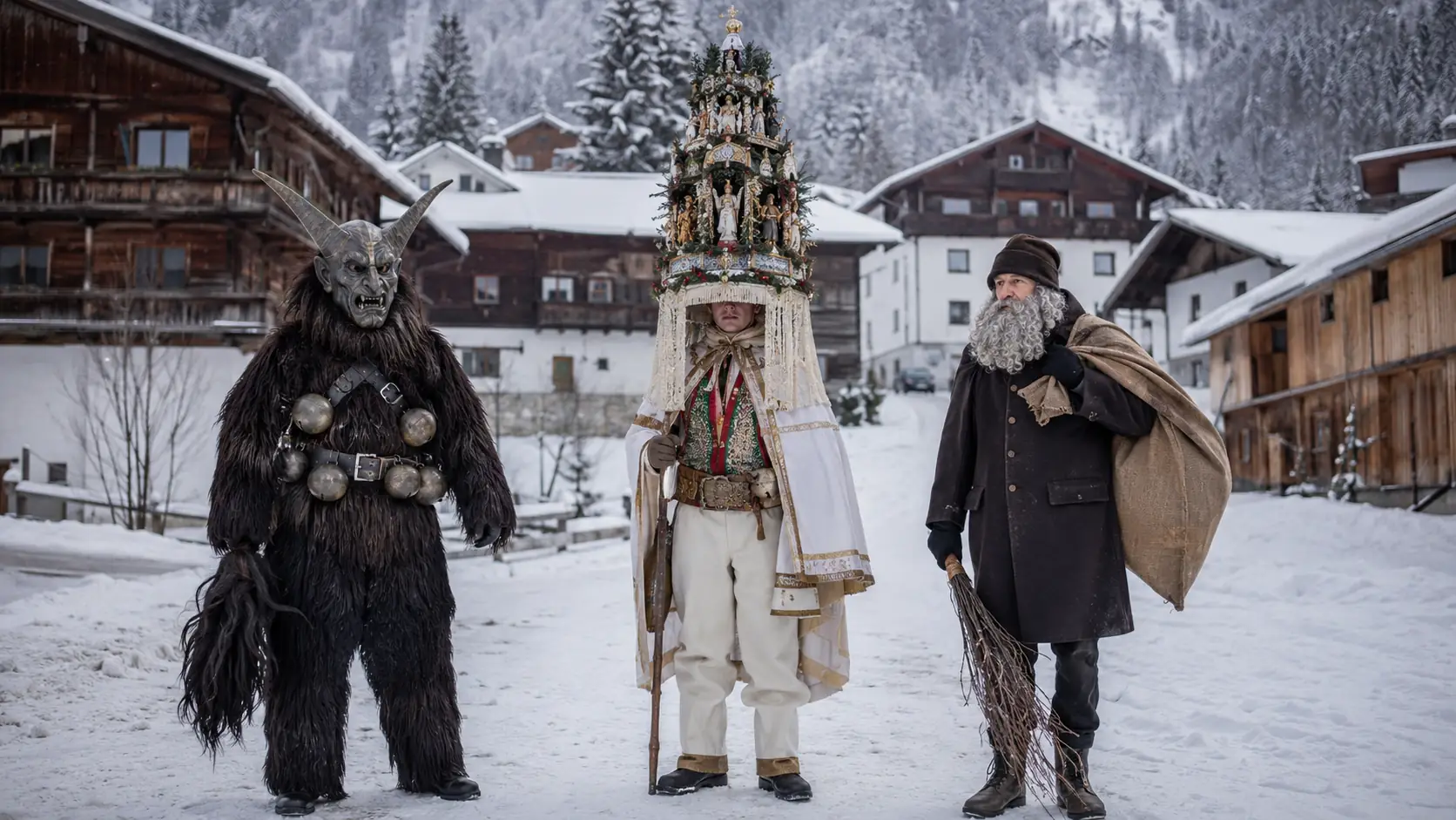 Krampus, Perchtenfigur und Knecht Ruprecht als drei unterschiedliche Wintergestalten