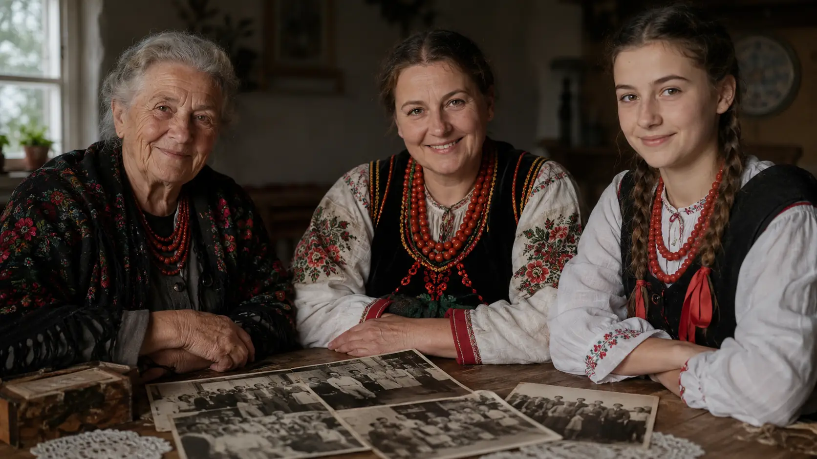 Drei Generationen bei einem regionalen Fest mit alten Familienfotografien