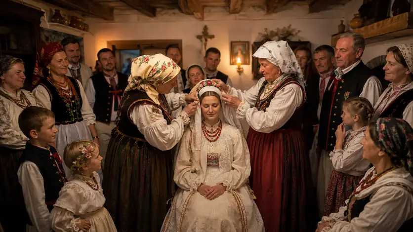 Menschen verschiedener Generationen bei einem respektvoll dargestellten Lebensritual zum Thema „Oczepiny: vom Übergangsritual zum Hochzeitsspiel“