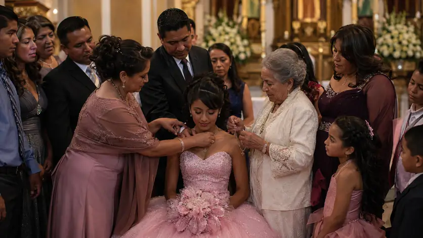 Menschen verschiedener Generationen bei einem respektvoll dargestellten Lebensritual zum Thema „Quinceañera: Geschichte des fünfzehnten Geburtstags in Lateinamerika“