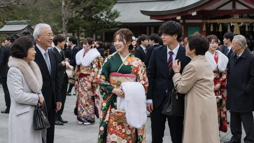 Menschen verschiedener Generationen bei einem respektvoll dargestellten Lebensritual zum Thema „Seijin no Hi: Japans Fest des Erwachsenwerdens“