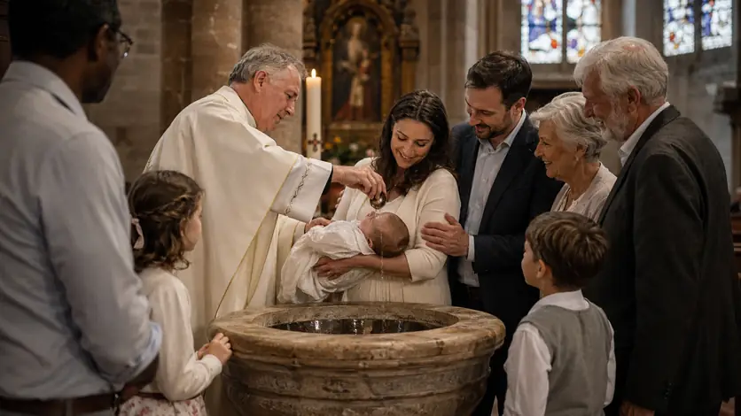 Familie bei einer christlichen Taufe mit Taufbecken und Wasser