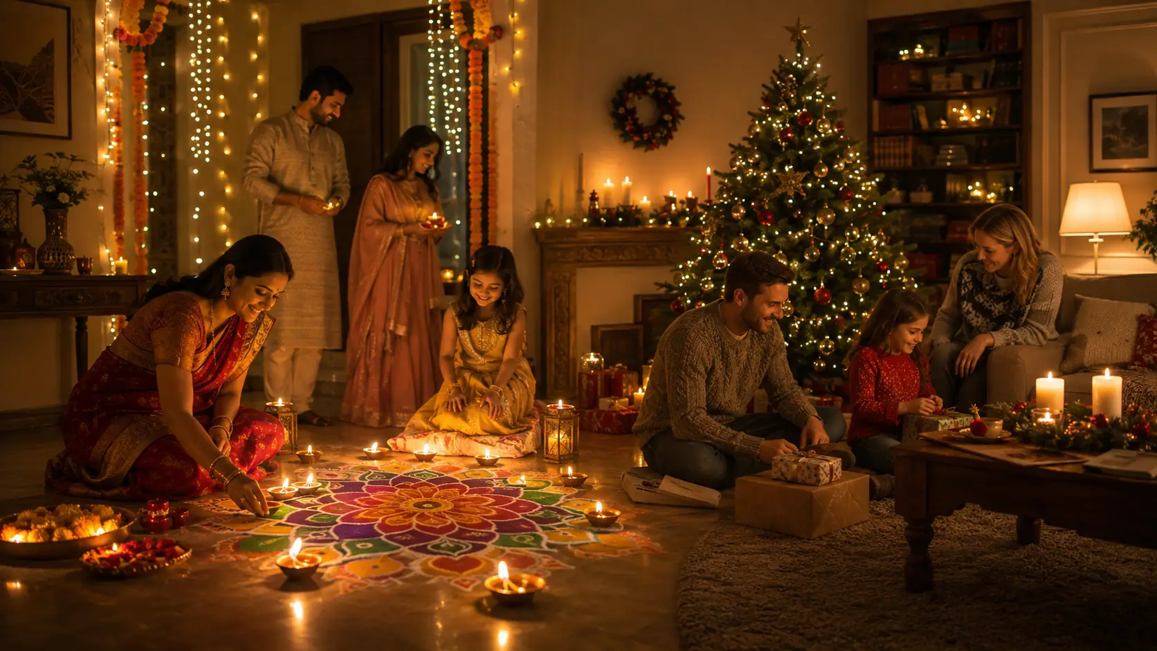 Diwali-Öllampen und Weihnachtslichter als unterschiedliche festliche Lichttraditionen