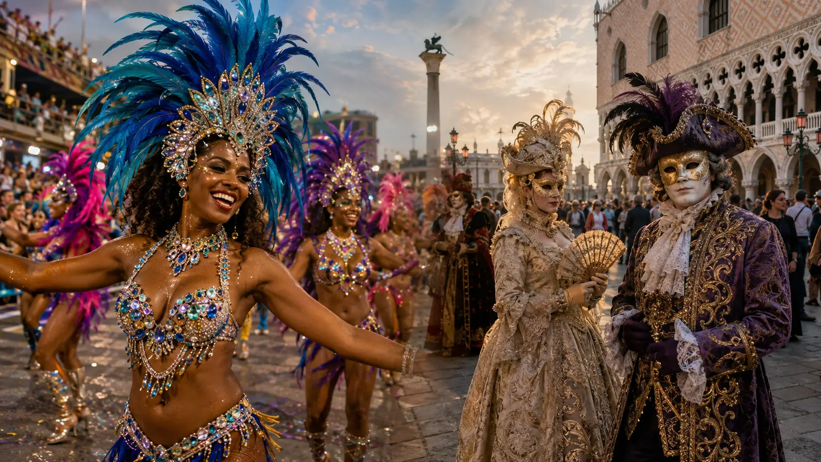 Samba-Parade in Rio de Janeiro und maskierte Personen beim Karneval in Venedig