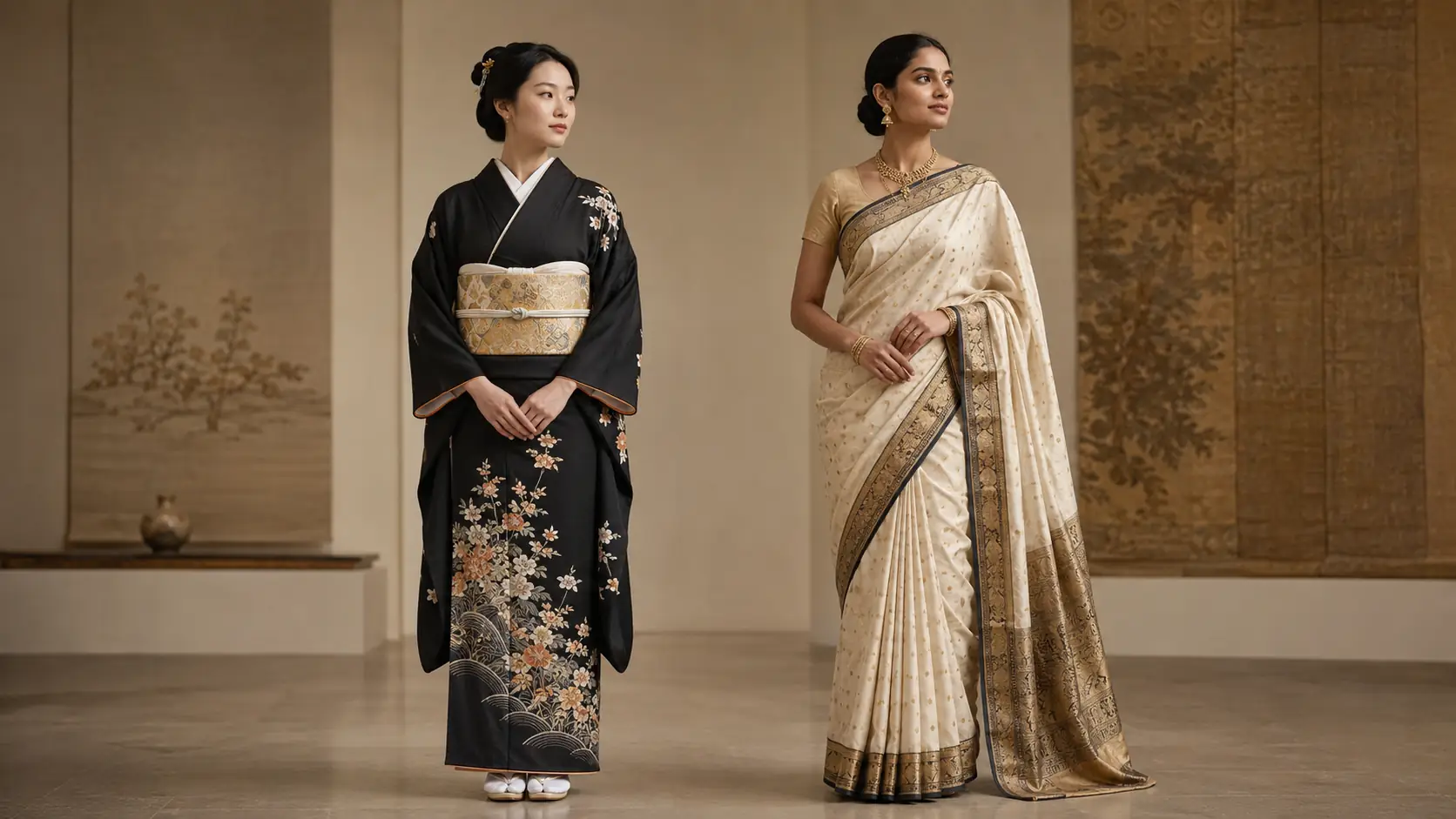 Formeller japanischer Kimono und indischer Sari als zwei unterschiedliche textile Kleidungsordnungen