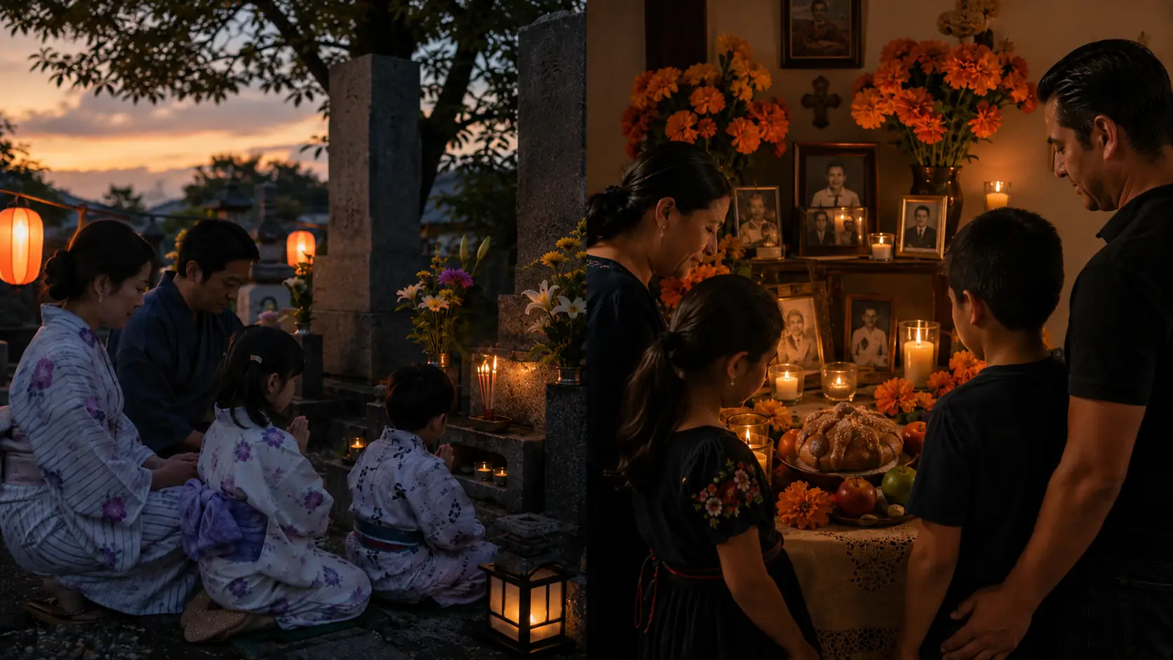 Japanische Obon-Szene und mexikanische Día-de-los-Muertos-Ofrenda im Vergleich