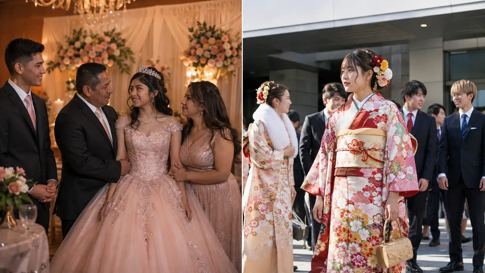 Quinceañera mit Familie und junge Erwachsene bei einer japanischen Coming-of-Age-Feier